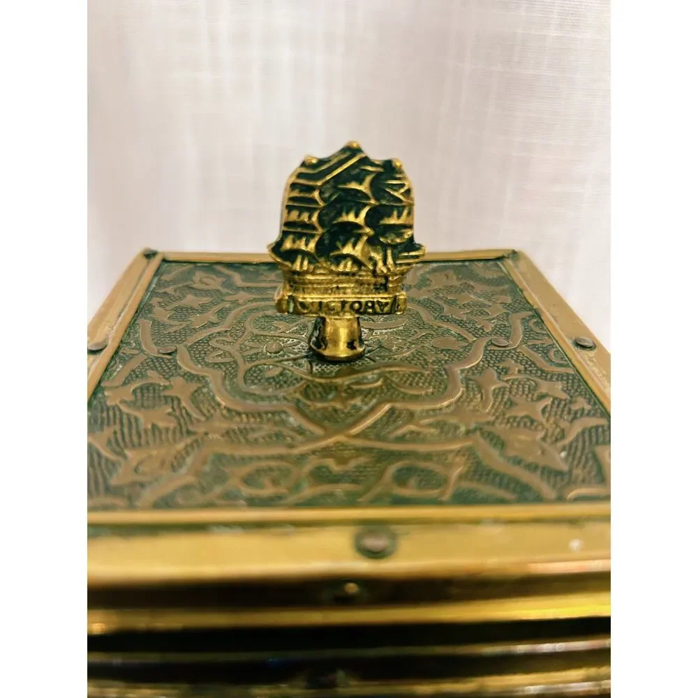Antique Embossed Brass HMS Victory Maritime Tea Caddy / Tobacco Box